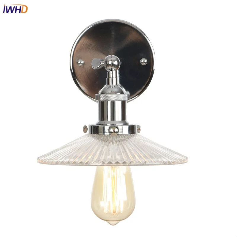 IWHD Vintage Style Chrome LED Wall Light Indoor Dining Room Bedroom Lamps Loft Clear Glass Single Sconce Bedside Lamp Lamparas