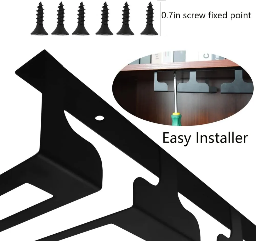 Under Cabinet Wine Glass Rack Holder, Metal Storage Hanger for Stemware in Kitchen Bar, Black 4 Rows 2 Packs