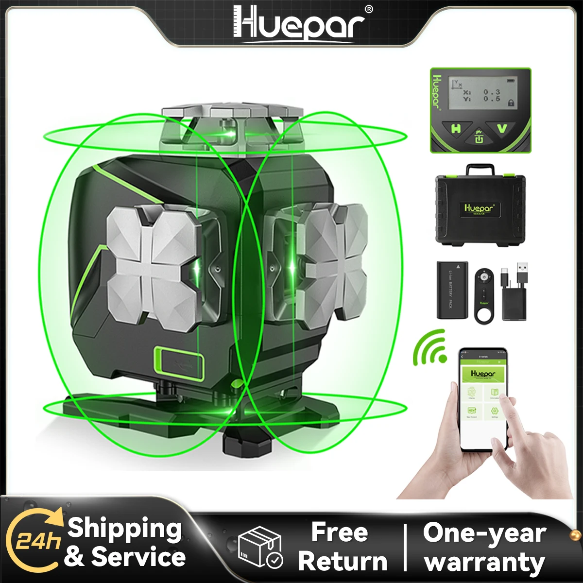 huepar nivel laser bluetooth com funcoes de controle remoto linhas de feixe verde hard case sem bracke 16 linhas 4d cross line s04cg a 01