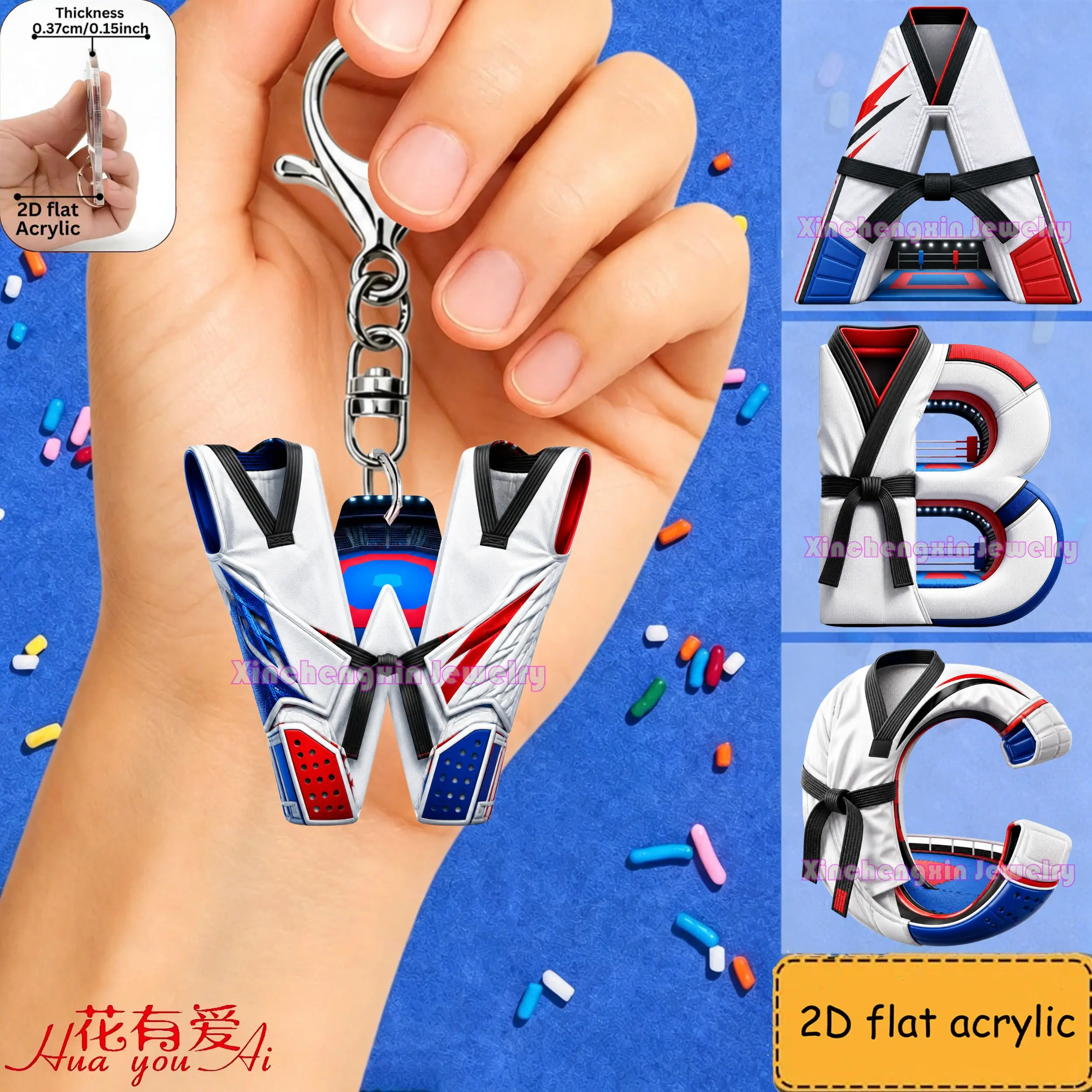2D Taekwondo Competition Clothing Keychain 26 letters Sports Style Pendant Car Key Fashionable Keyring Accessory Gift for Friend