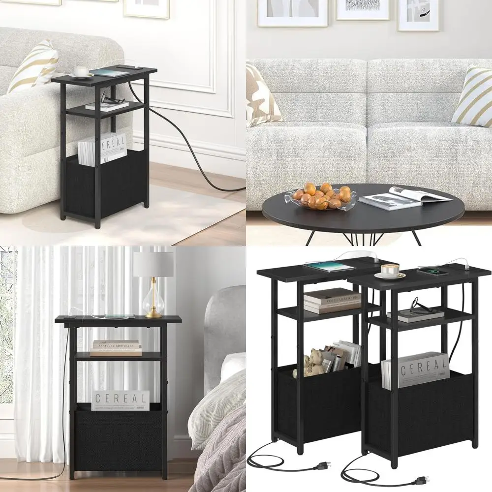 

Узкий приставной столик с зарядной станцией, набор из 2 шт., небольшой торцевой столик для небольших помещений, узкие тумбочки, набор 2 с корзиной для хранения