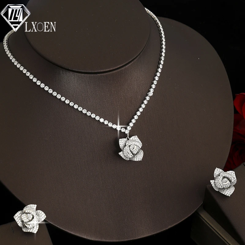 Engagement Zircon Roses Jewelry Sets Wedding Bridal for Women Silver Color Fine Fashion Jewellery CZ Party African Dubai Gift