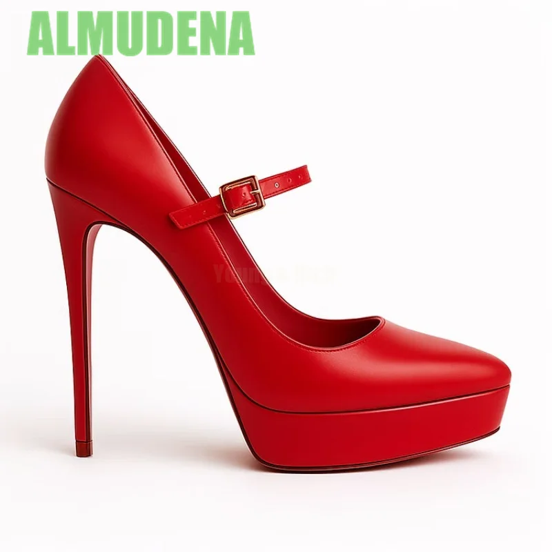 

Туфли-лодочки на платформе с острым носком, модные, с пряжкой, из красной кожи, в минималистичном стиле, универсальные, элегантные, женские