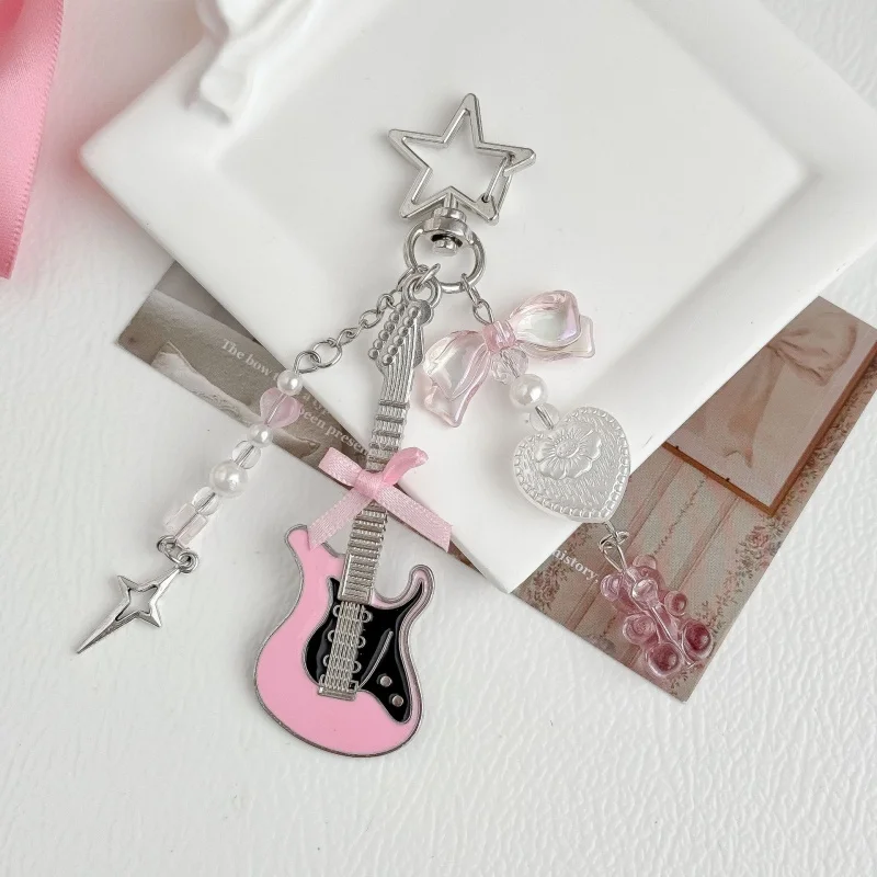 Y2K Phone Charms Pink Guitar Bear Bow Keychain Microphone Pendant Key Ring Bag Lanyard Cute Accessory for Girls Women Jewelry