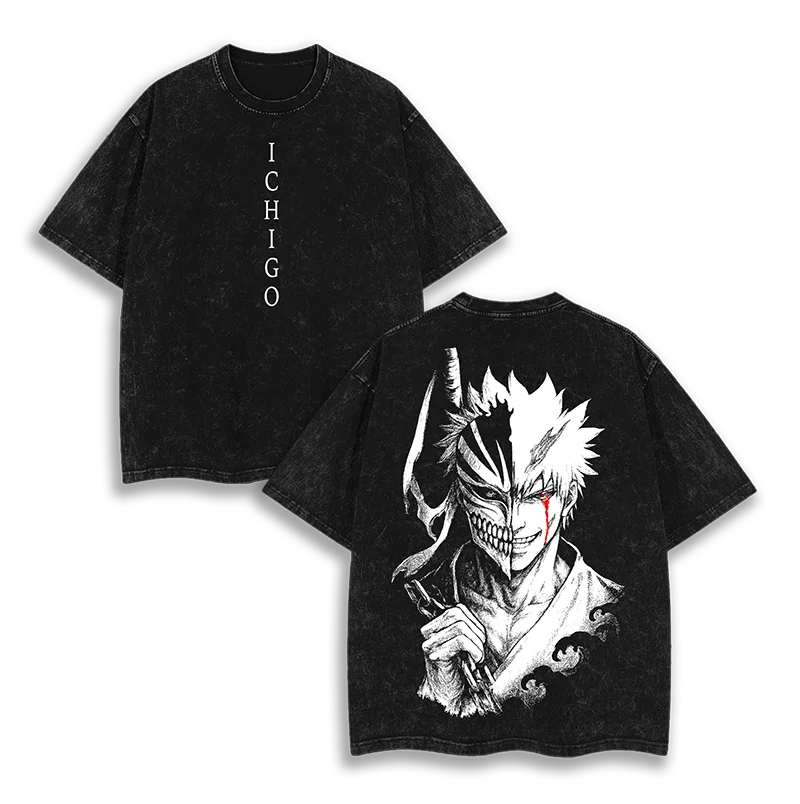 Camiseta Oversize Lavada con Gráfico de Anime Bleach para Mujer y Hombre, Ichigo Kurosaki Bankai Hollow Bleach, Ropa Unisex