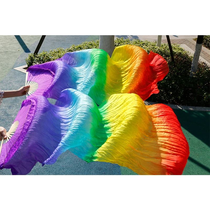 High Quality Chinese Silk Belly Dance Fan 100% Real Silk 120cm/150cm/180cm Rainbow Striped Fan Wholesale Handmade Dance Props