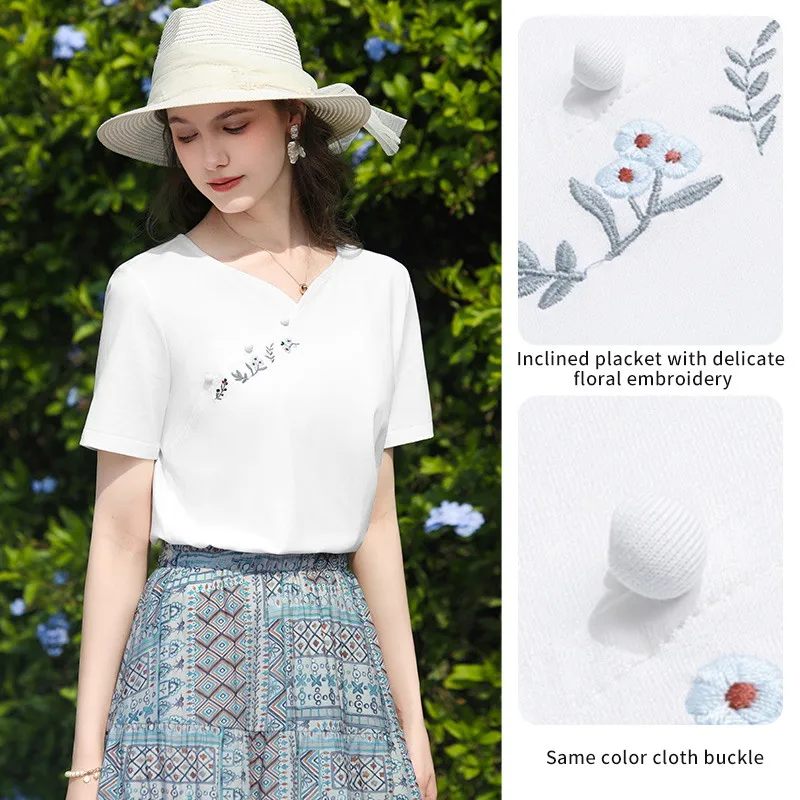I BELIEVE YOU White Short Sleeved V-Neck T-Shirt 2026 Summer New Flower Embroidered Casual Breathable Top For Women 2262016297