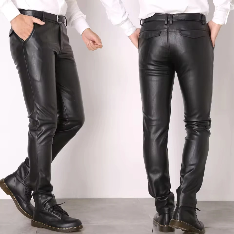 Business Casual Mens Pants Mens ting Leather Pants Leggings Tight Elastic Trend Motorcycle Leather Pants  
