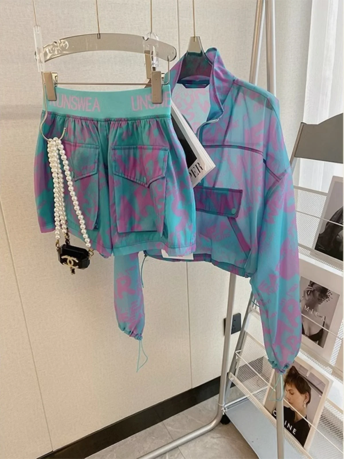 Summer Fashion Dopaamine Color Block Slimming Two-Piece Set Women's Casual Sun Protection Cotton Sportswear Ensemble