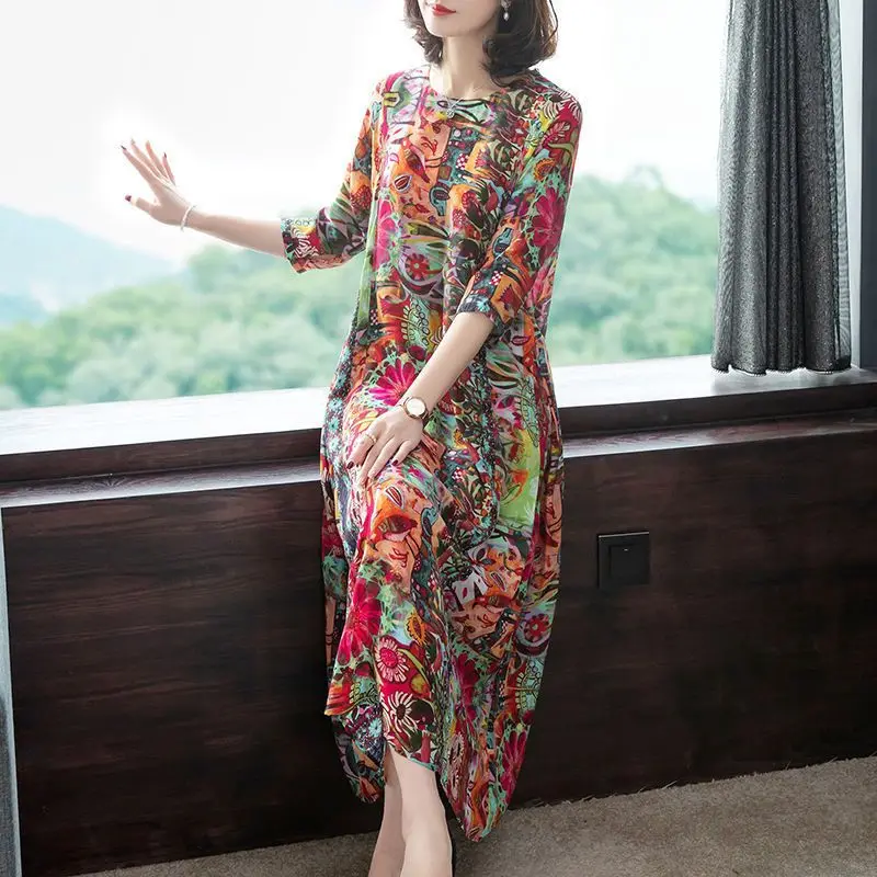 2023 Autumn Women's Ice Silk Round Neck Long Sleeved Flower Long Skirt Spring Fashion Elegant Comfortable Versatile Long Skirt