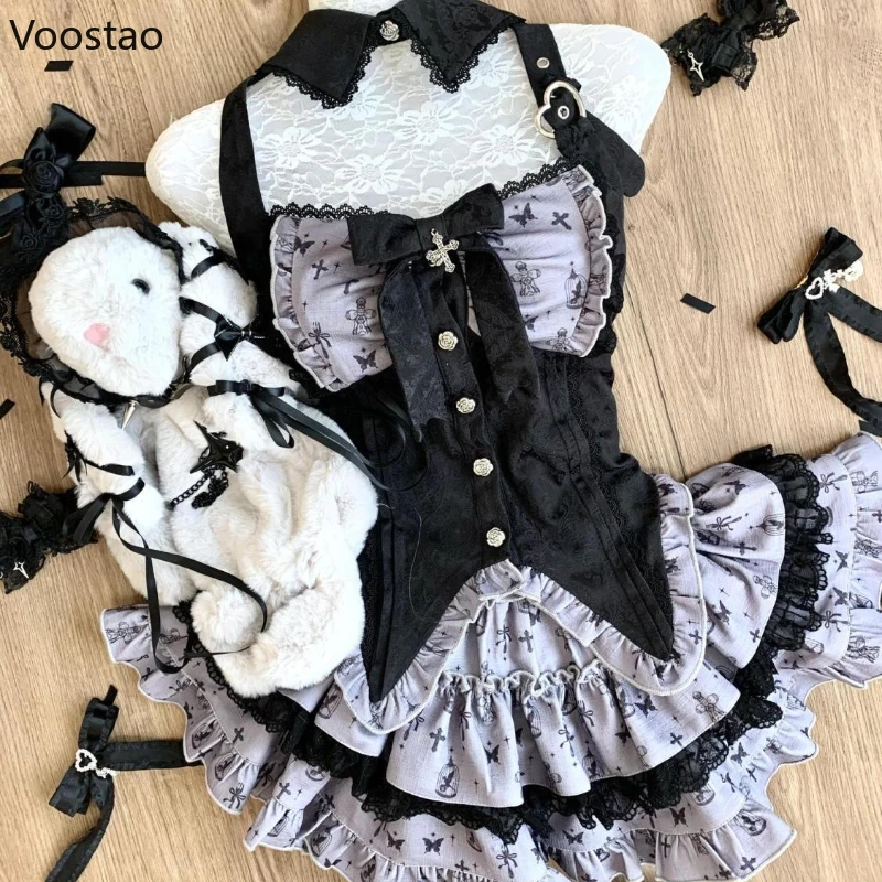 Conjunto de falda estilo Lolita japonés Y2k para mujer, blusas de encaje con estampado dulce, Tops, Mini faldas de pastel, traje gótico Harajuku, conjuntos de 2 piezas