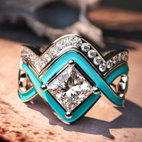 2pcs/set Chevron Turquoise Ring, Thumb Ring, Boho Silver color Ring for Women, Blue Gemstone, Bohemian Jewelry