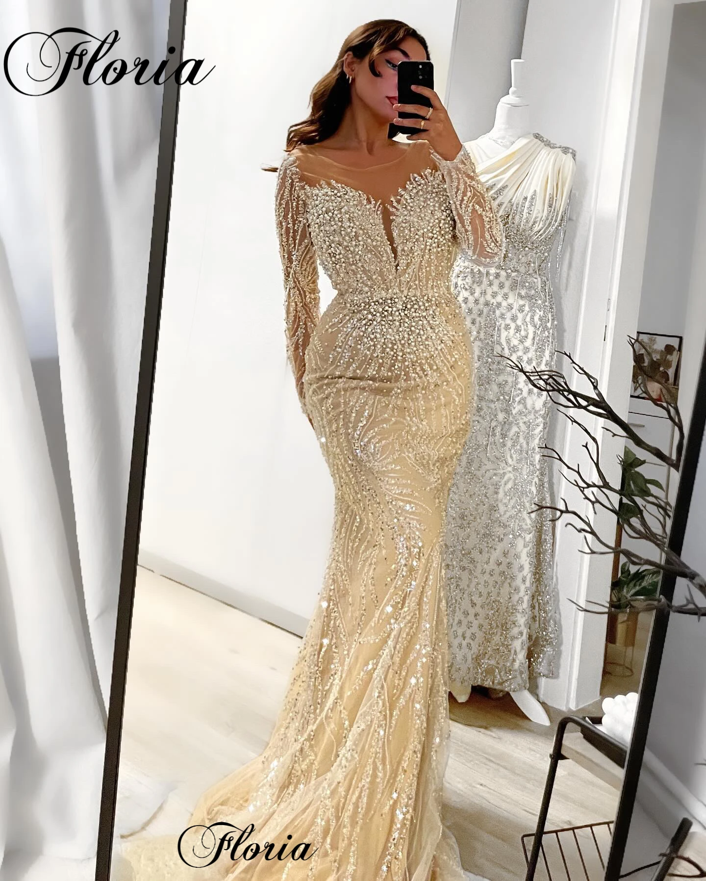 Simple Mermaid Evening Dresses With Long Sleeves Pearls Formal Occasion Dresses Robes De Soirée Engagement Dresses For Women