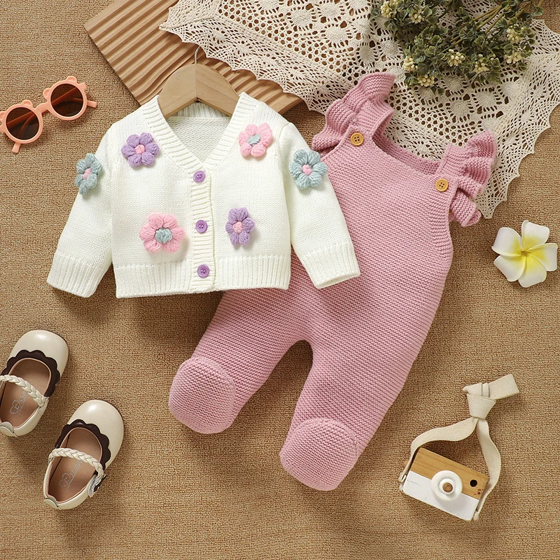 Newborn Baby Clothes Set Knit Infant Girl Sweater Long Sleeve Romper Fashion Ruffle Toddler Kid Cardigan Jumpsuit Cute 3D Flower