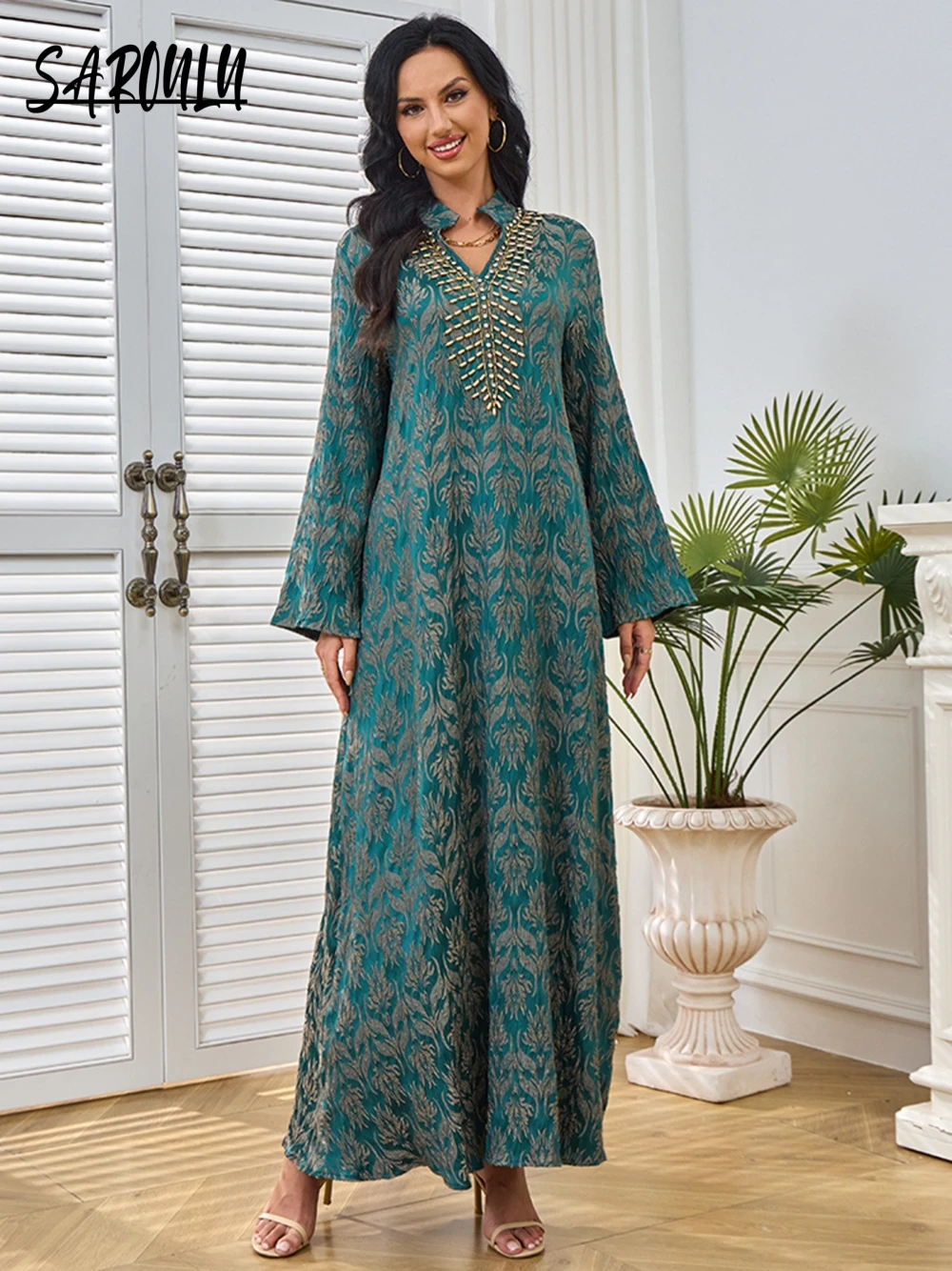 Verde pesado frisado muçulmano vestido de noite uma linha festa personalizado 2025 dubai robe kaftan bordado mangas compridas elegante vestido de baile