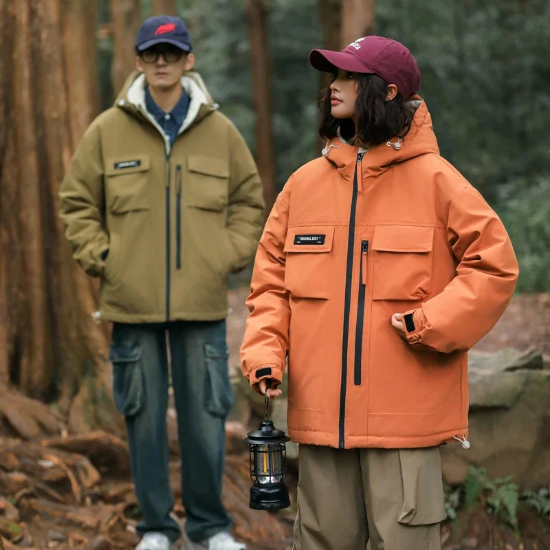 เสื้อแจ็คเก็ตกันลมกันหนาวไซส์ใหญ่บุผ้าฝ้ายสำหรับผู้ชาย เสื้อแจ็คเก็ตขนเป็ดสีขาวแบบมีฮู้ดสำหรับปีนเขา