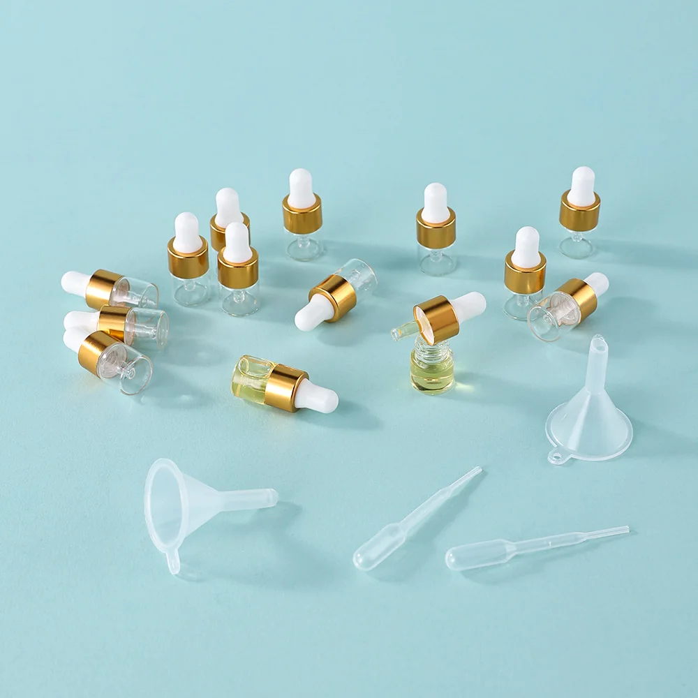 100 peças 1ml tampa dourada frascos conta-gotas vazios de vidro conjunto com 24 pipetas 24 funis-garrafas recarregáveis à prova de vazamento para cosméticos de essência