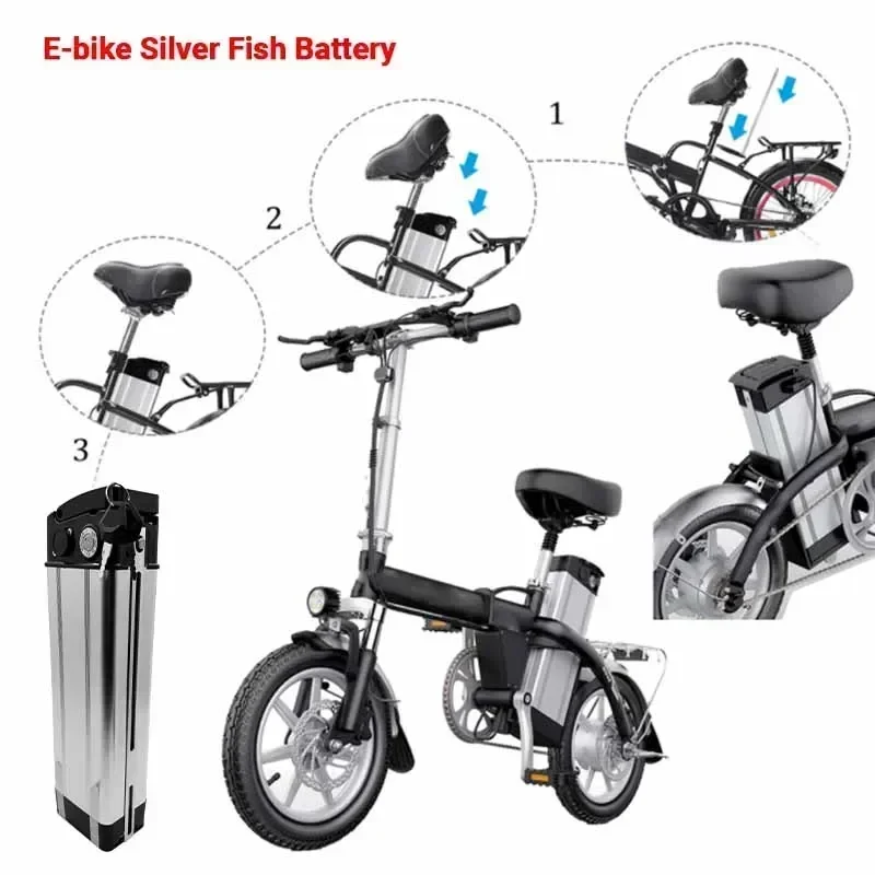 New 36V 48V 52V 50ah  Silver Fish Style Electric Bike Battery 48V Lithium Battery with Aluminum Case Anti-theft Lock