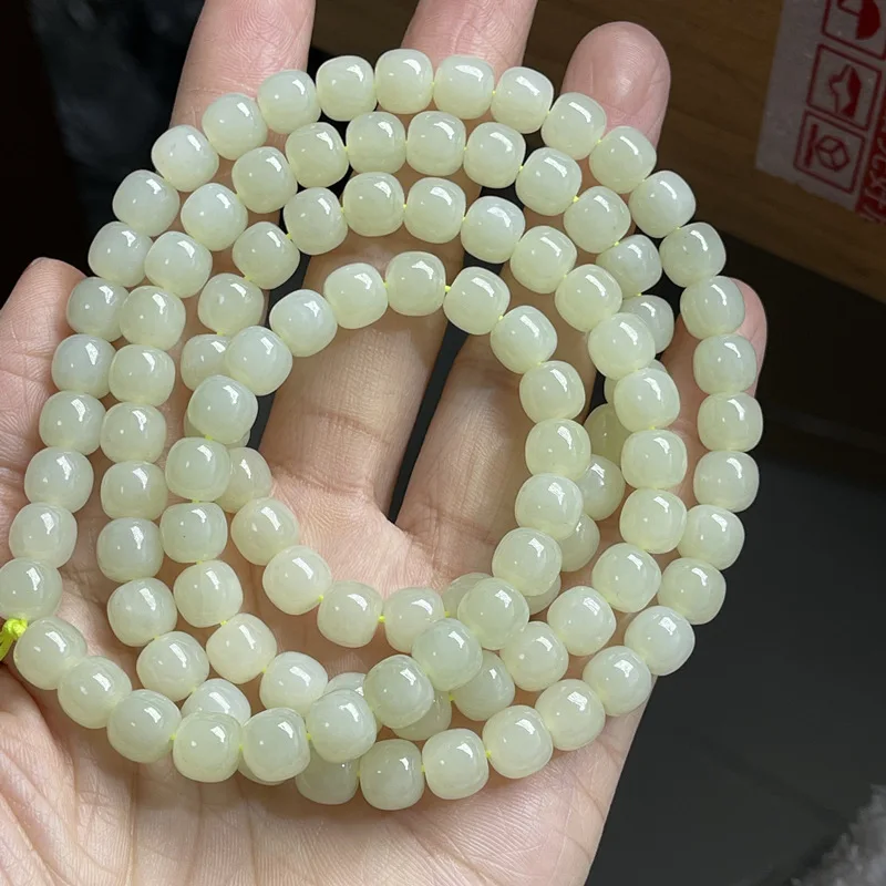 8mm Natural Yellow Mouth Hetian Jade Old Beads 108 Long Chain Semi-Finished Oily Diy Bracelet Necklace