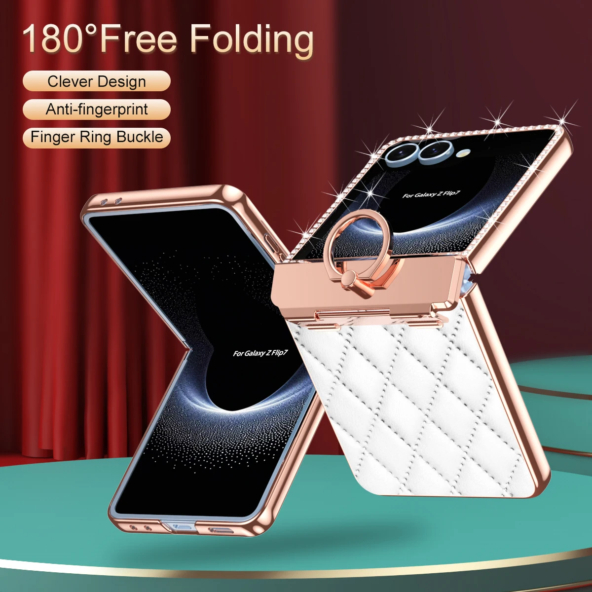 Etui na Samsung Galaxy Z Flip 7, galwanizowane, skóra teksturowana, brokatowe diamenty, z kółkiem do zawieszania, odporne na odciski palców. — zdjęcie produktu 4