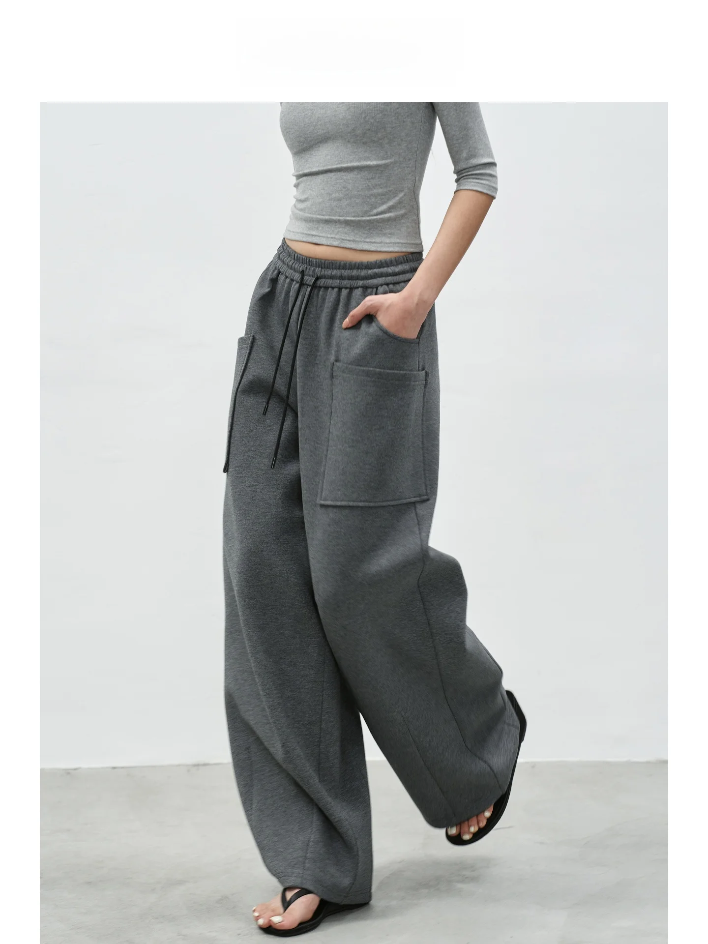 

EIGHTHMONTH Grey Drawstring Wide Leg Sweatpants Women's High Waist Slimming Drapey Casual Trousers with Big Pockets