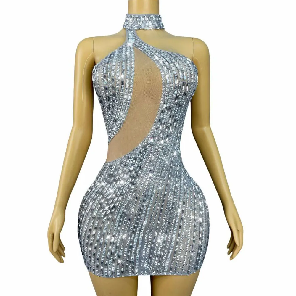 

Luxurious Twinkling Silver Rhinestones Elegant Trim fit Mesh Dress Women Birthday Evening Party Celebrate Gown Show Outfit