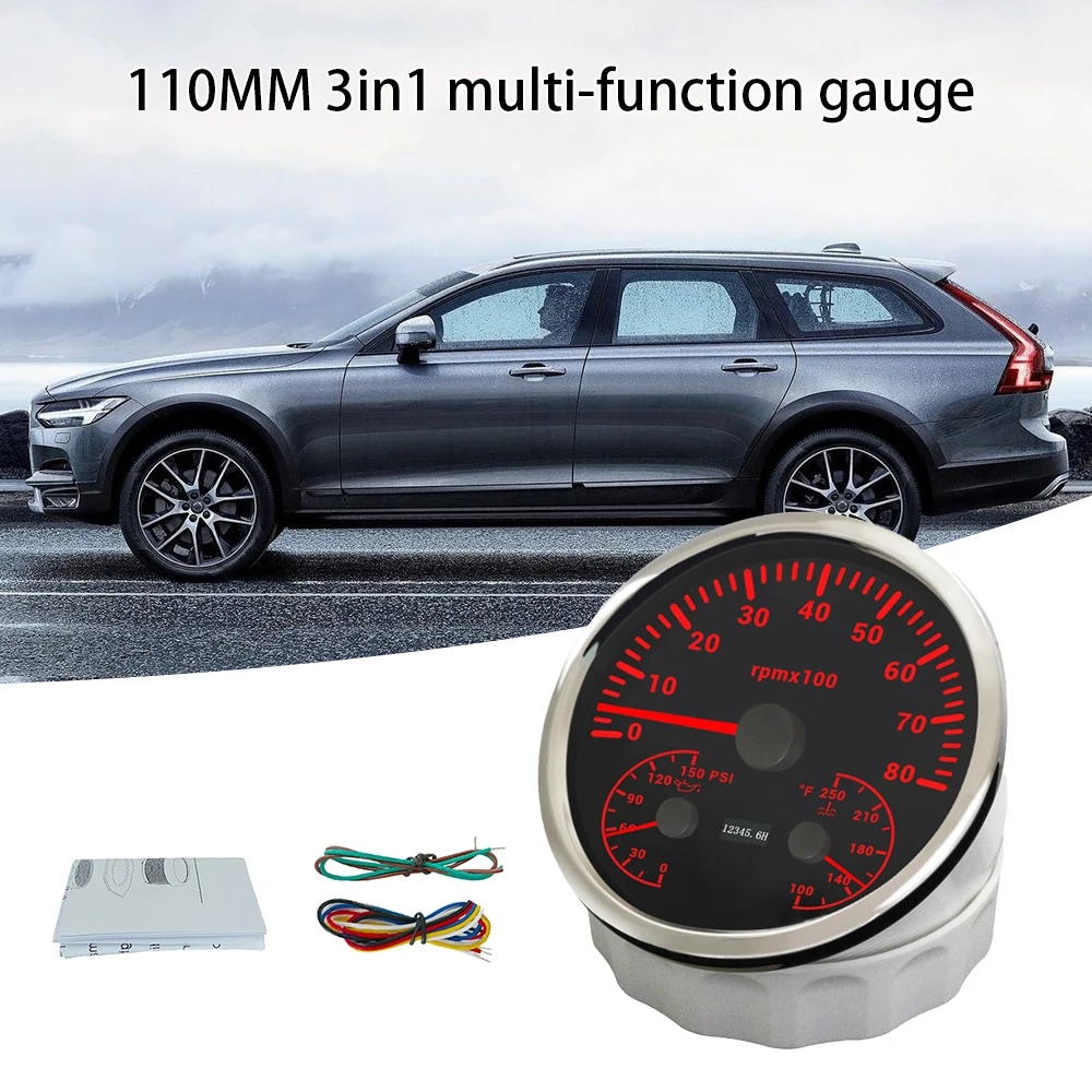 ELING Waterproof Car 110mm 3 in 1 Multifunctional 0-6000RPM 0-8000RPM Tachometer with Oil Pressure Water Temp 7 Colors Backlight