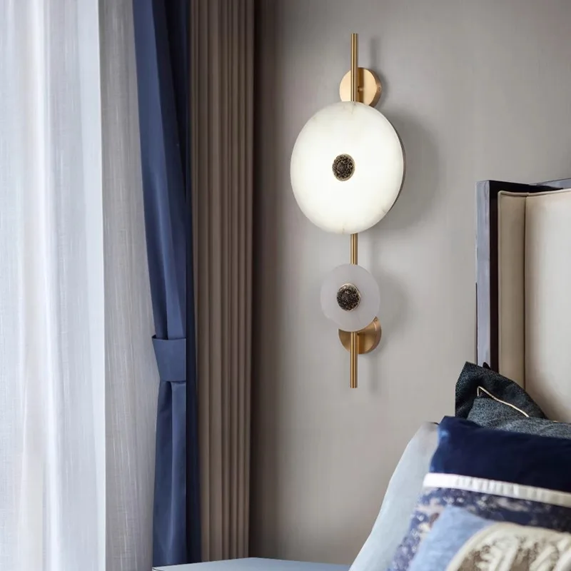 مصباح جداري من الرخام الطبيعي من النحاس بالكامل، مصباح جداري لخلفية غرفة المعيشة الفاخرة الصينية الجديدة #5