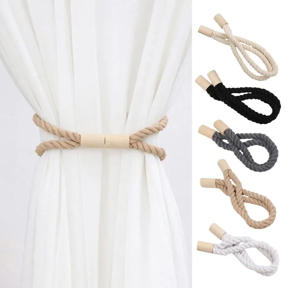 Easy Use Curtain Ties Magnetic Curtain Tiebacks Set Cotton Linen Rope Holdbacks with Wooden Buckles Decorative for Bedroom