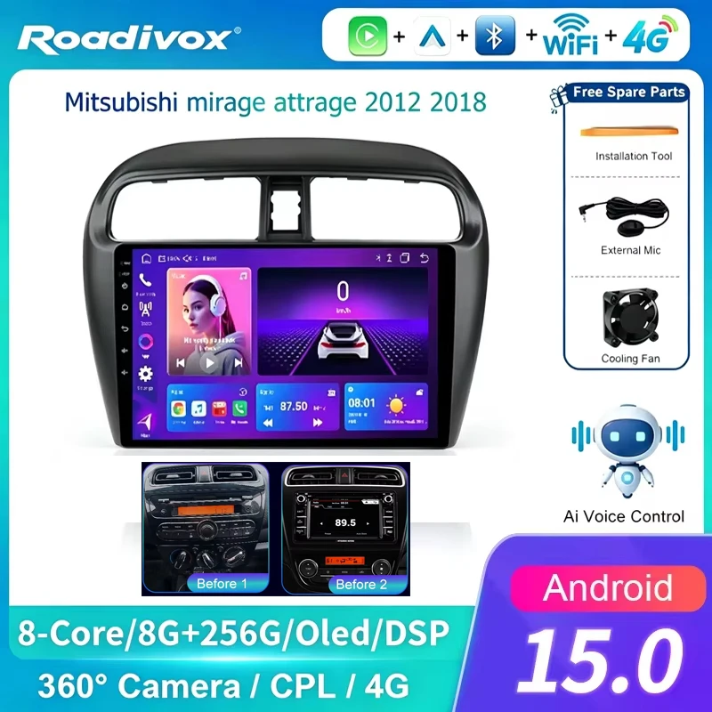 Android AI VOICE Car Radio player for Mitsubishi mirage attrage 2012 2018 GPS Navigation Stereo Screen Video Tape