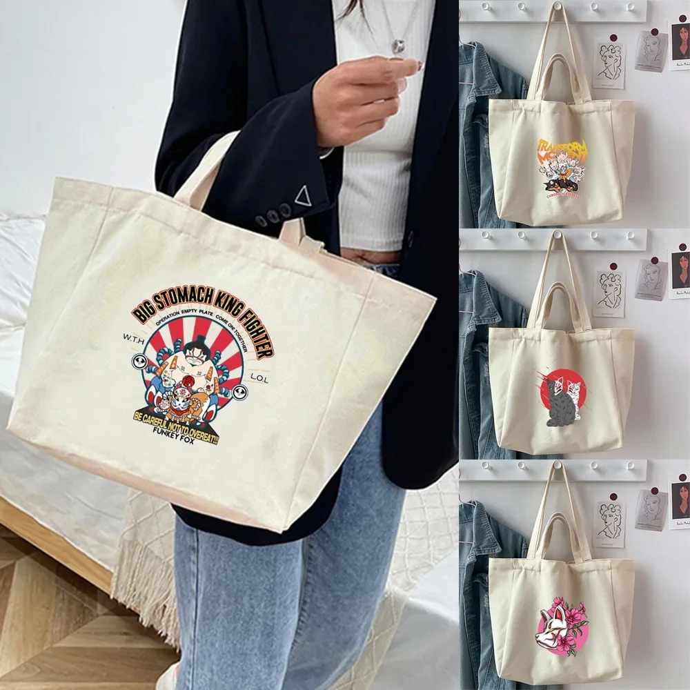

2025 Shopping Bag Reusable Neutral Canvas Handbag Fashion Cartoon Printed Eco Friendly Bag Travel Work Handbag
