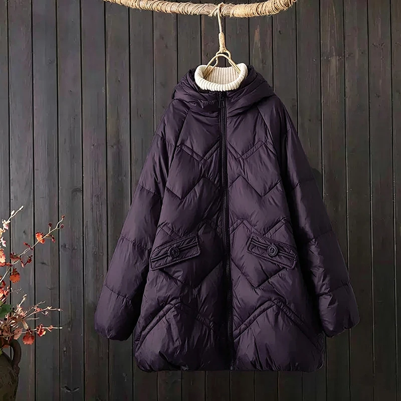 Schinteon Women White Down Jacket with Hood Solid Color Loose Casual Warm Autumn Winter A-lined Outwear Parka Coat 2026 New