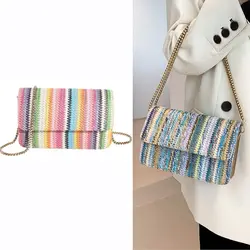 1PC tęczowe paski pasek z łańcuchem na ramię Vintage słomiane torby Crossbody damskie torebki torby plażowe