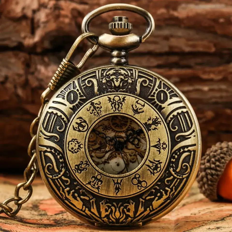 Orologio da tasca meccanico Cthulhu Vintage Steampunk Flip Cover da collezione con catena e scatola in denim - Rame antico/nero/dorato