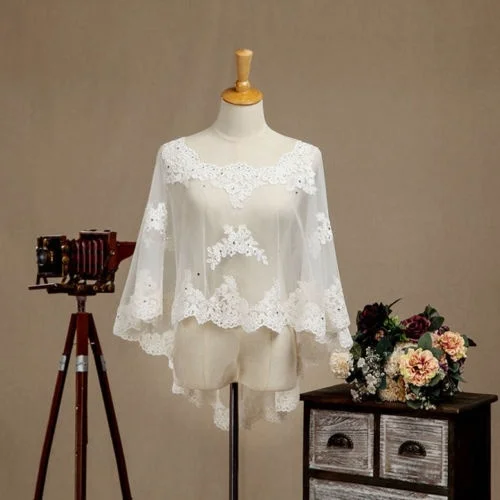 Ivoor Lace Bridal Shawl Lady Zomer Herfst Schouderophalen Trouwjurk Kristal Cape Party Avond Jas Wrap