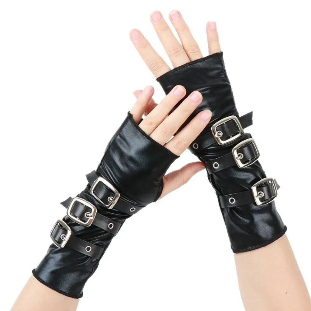 Cool Black Fingerless Gloves Metal Buckle Wristband Elastic Lacquer Leather Gloves Half Finger Gothic Gloves Nightclub Party