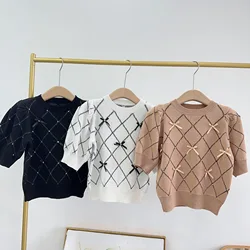 Kuzuwata Sweet O Neck Puff Sleeve Pullover Jumper Plaid Bow Elegant All-match Sweaters Japan New Pearl Knit Patchwork Pull Femme