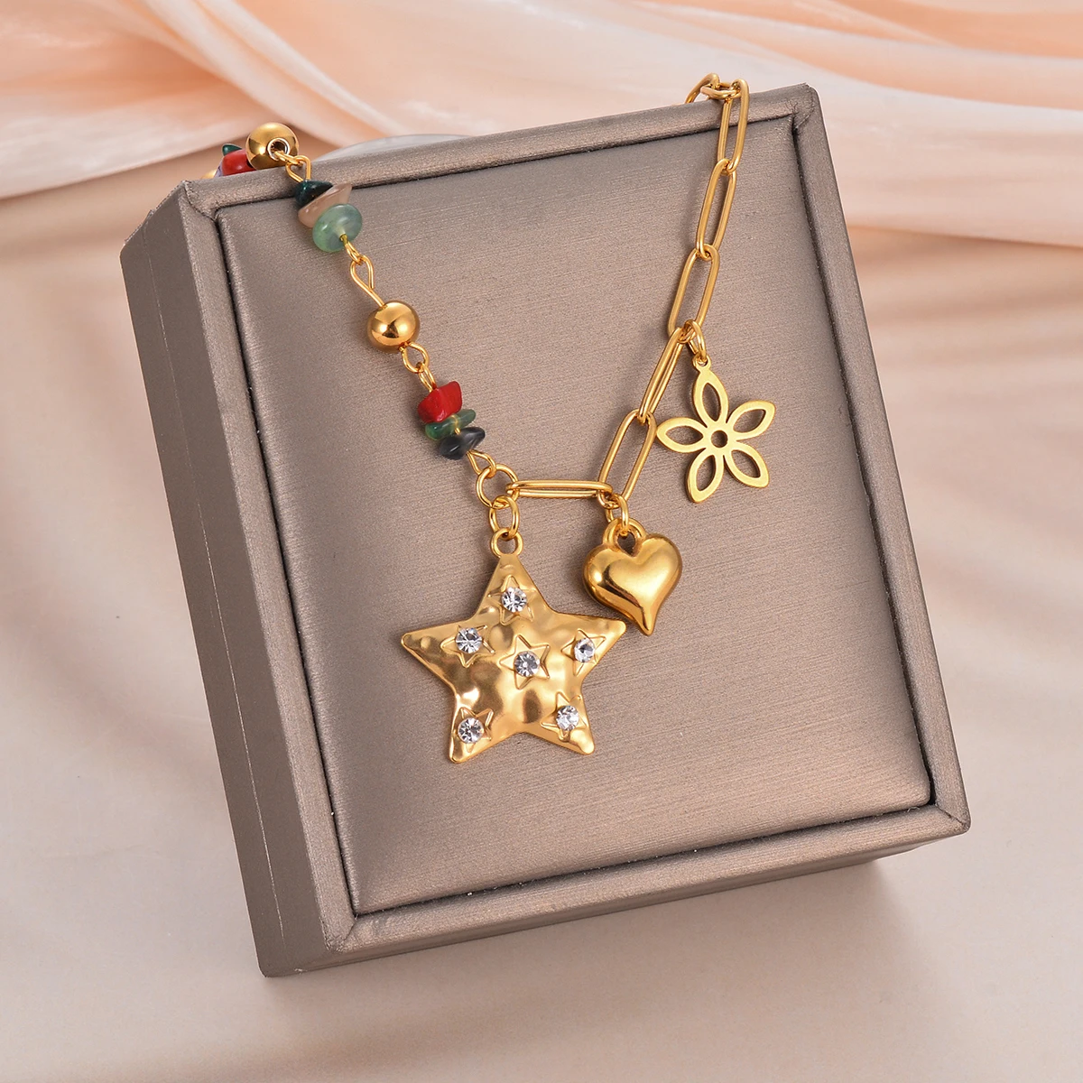 New Bohemia Star Pendant Stainless Steel Gold Plated Natural Stone  Necklaces for Women Beach Banquet Accessories