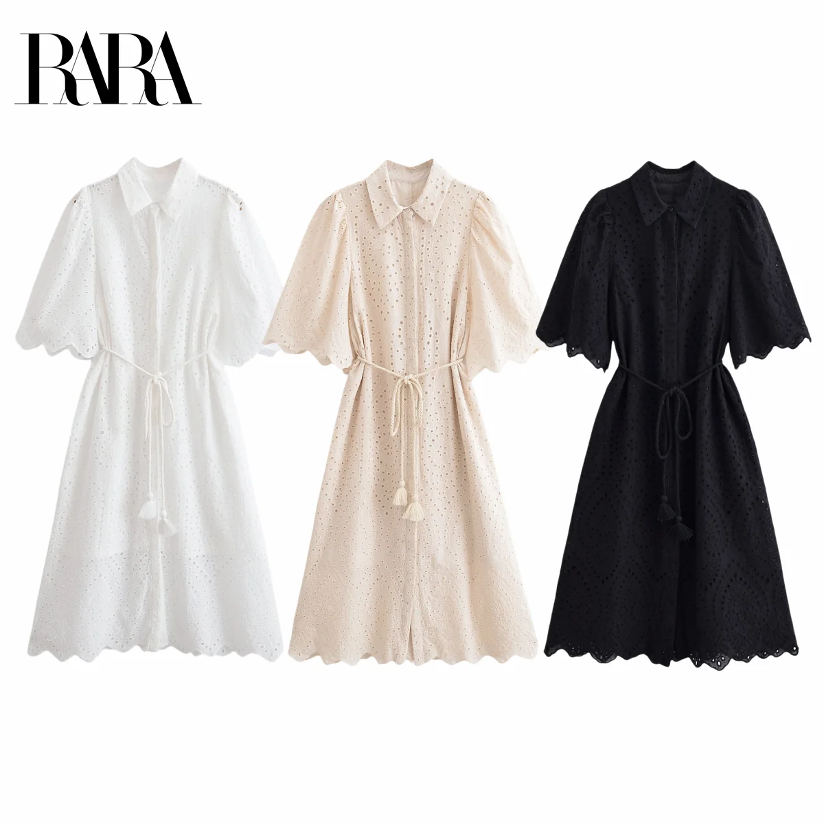 

RARA Womens Short - Sleeve Collared Shirt - Style Midi Dress with Embroidery Hollow - Out and Belt Decoration for a Stylish