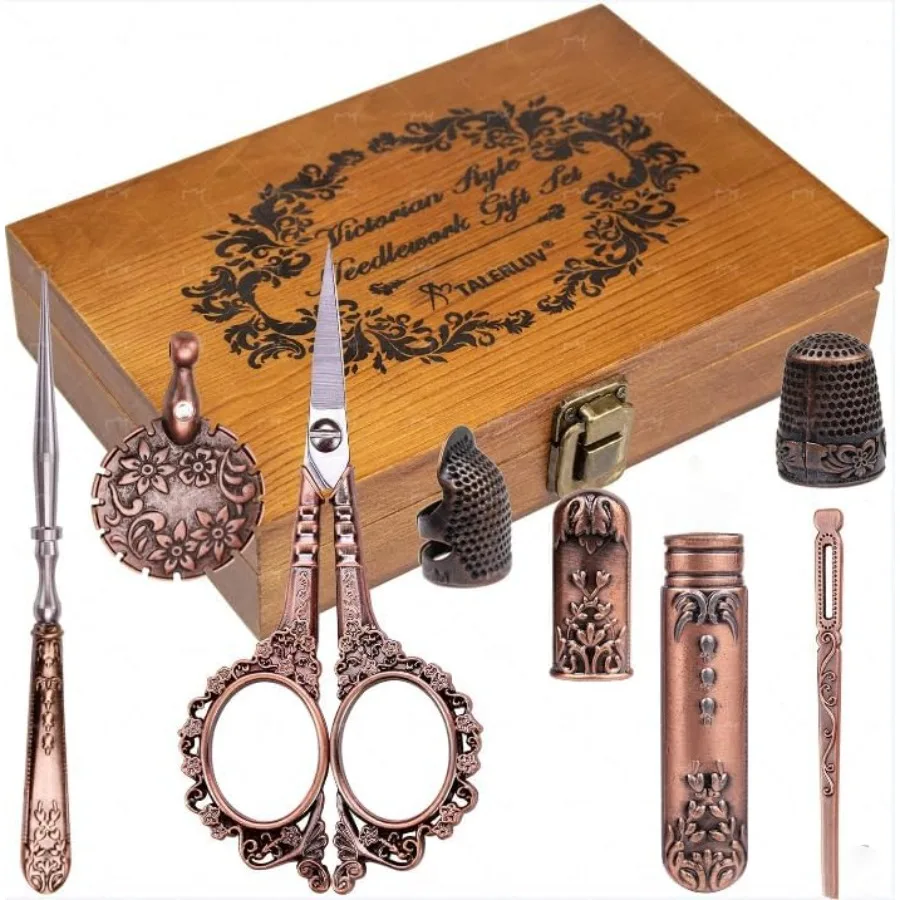 

Vintage Embroidery Scissors Kit for Victorian Needlework Enthusiasts: Antique Shear Thread Cutter Thimbles Needles Awl Bodkin W