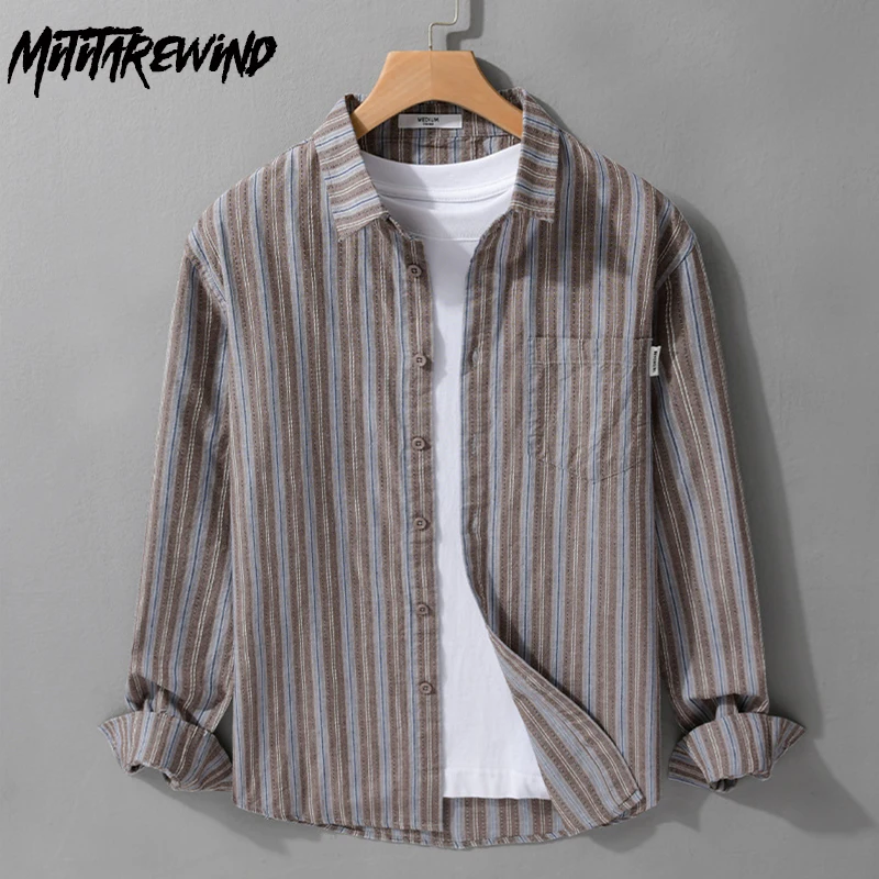 

2024 Autumn New Men's Striped Long Sleeve Shirt Japanese Vintage Causal Shirts 100% Cotton Men Clothing Lapel Tops Comfortable