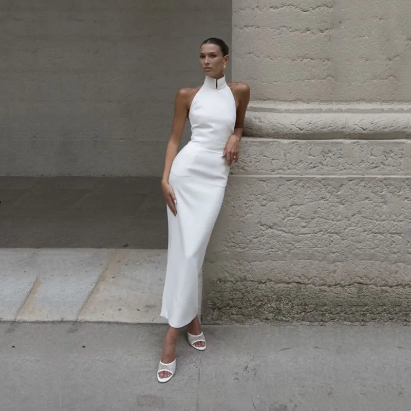 

Simple Mermaid Ivory Wedding Dress Elegant High Neck Sleeveless Pleat Ankle-length Gown Dress Satin Backless Customized 2025