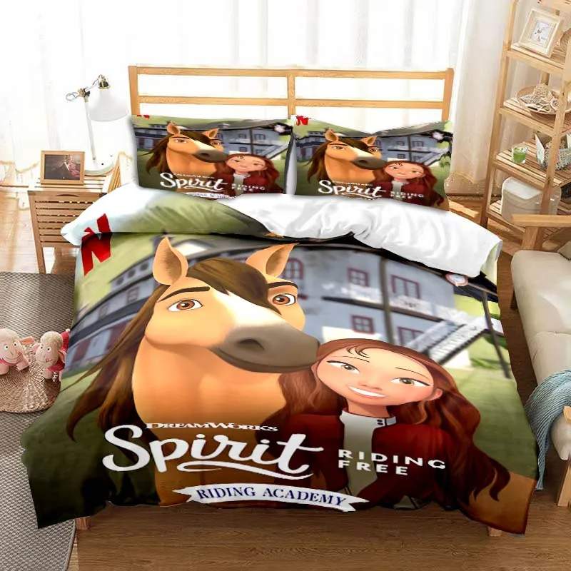 Spirit Riding Free Horses Cute Cartoon Quilt Bedding Set Duvet Cover Set Adult Children King Single Double Bed Set Children Gift