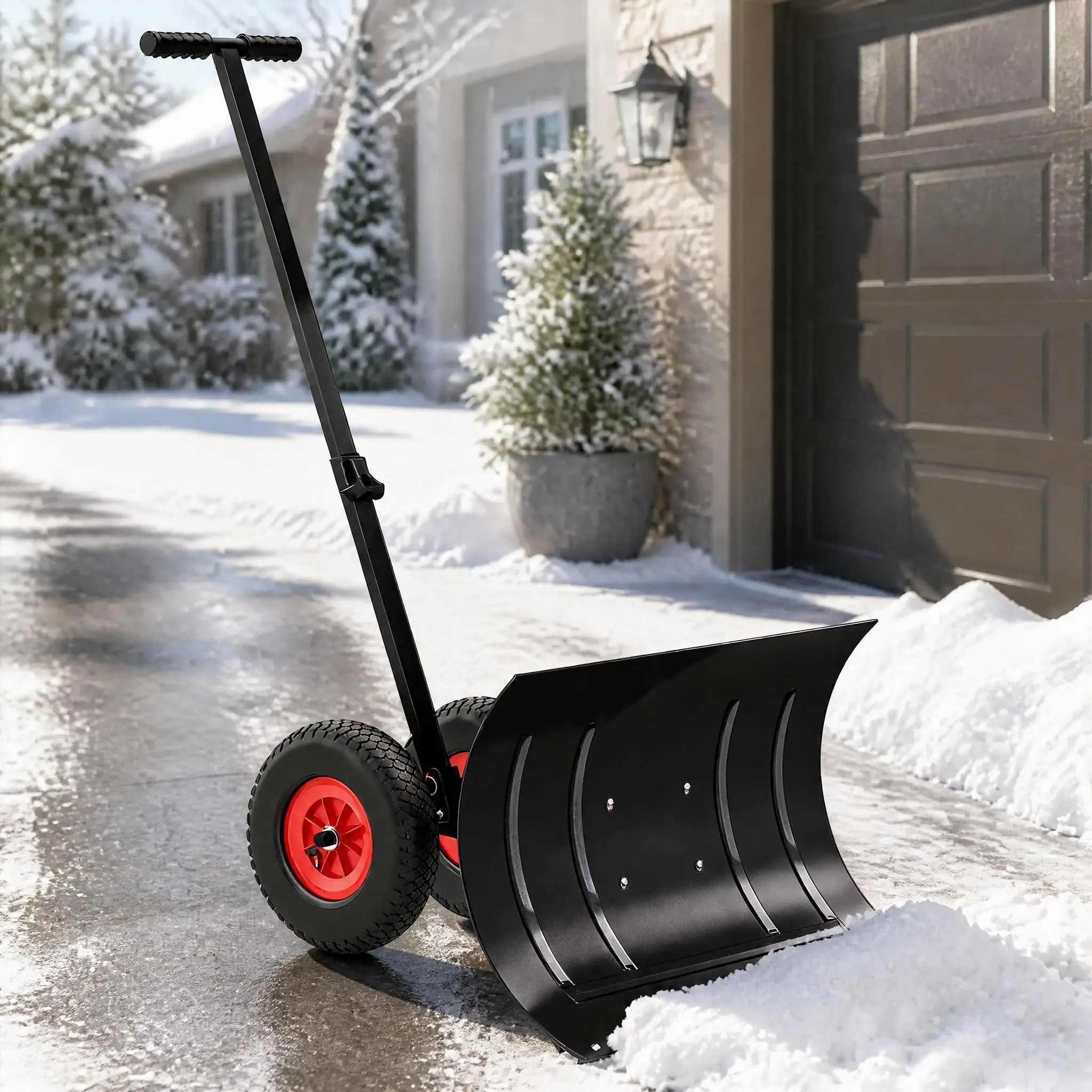 Heavy Duty Rolling Snow Shovel with Wheels, Cold Rolled Iron Blade Snow Pusher, Ergonomic Handle Snow Removal Tool for Driveway, Car, Sidewalk & Walkway