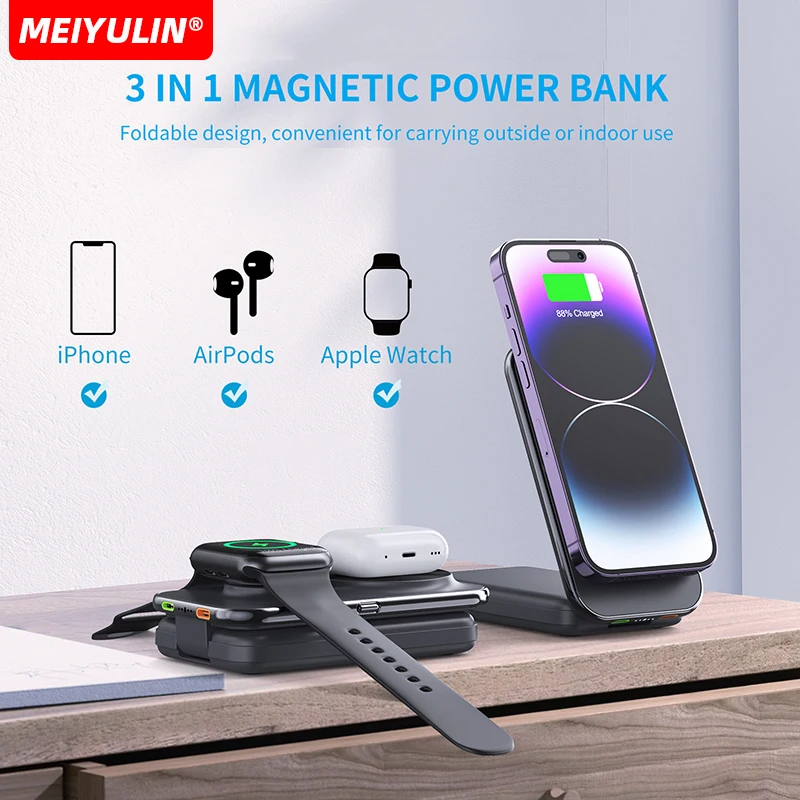 

8000mAh Magnetic Wireless Power Bank With Foldable Stand For Apple Watch USB C PD20W Fast Charge External Battery for iPhone 15