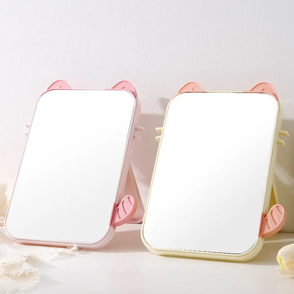 Ins Style HD Cat Ears Makeup Mirror Cute Portable Dressing Mirrors Simple Folding Handle Handheld Mirror Student