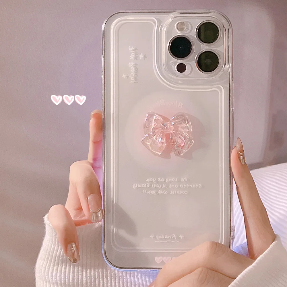 

Fashion bow suitable for Apple 16pro phone case 15 invisible double stand 14 cute anti drop 13 silicone cover