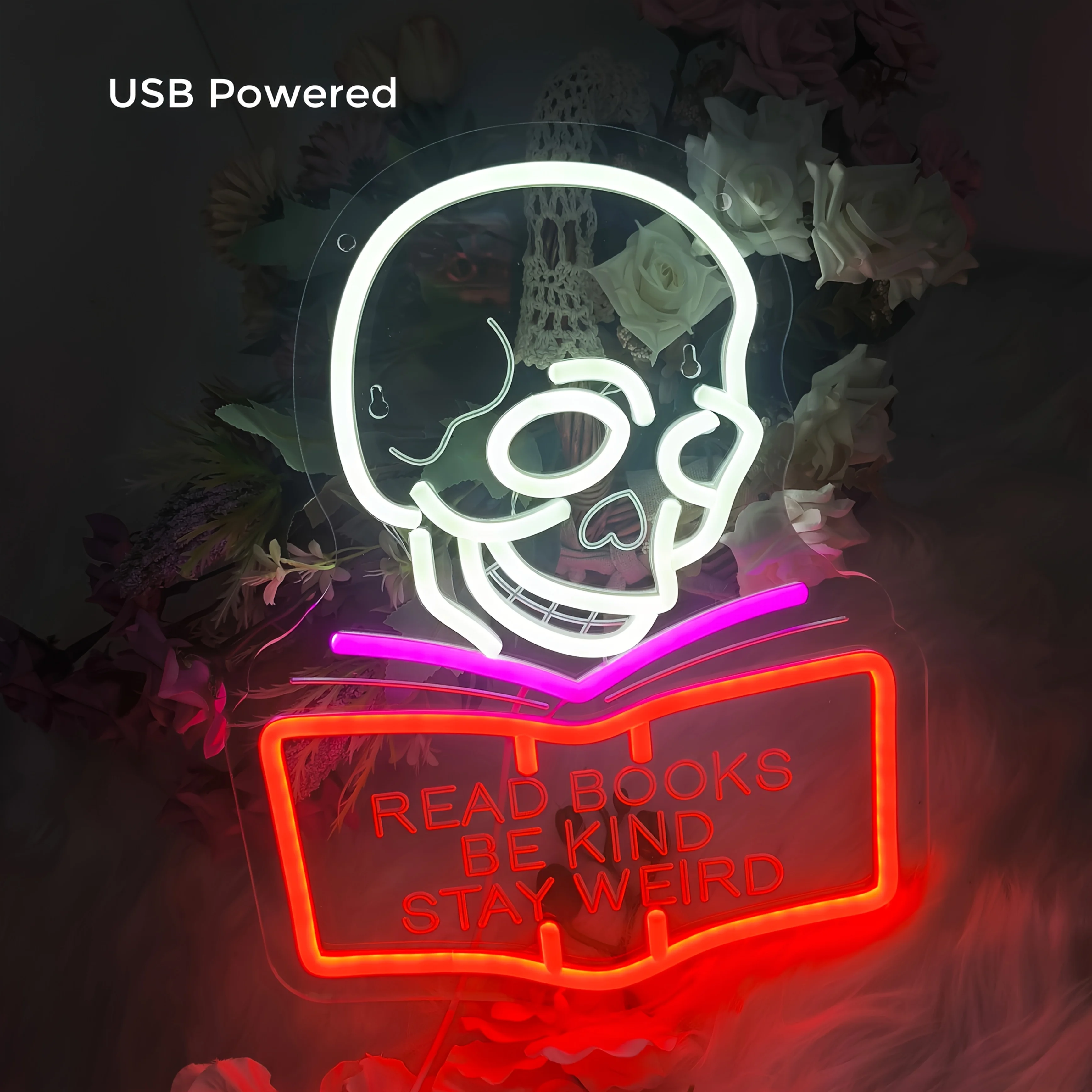 USB Skull Reading Dimmable Neon Sign LED Wall Light for Study Bedroom Game Room Halloween Party Club Garage Man Cave Decor Gift