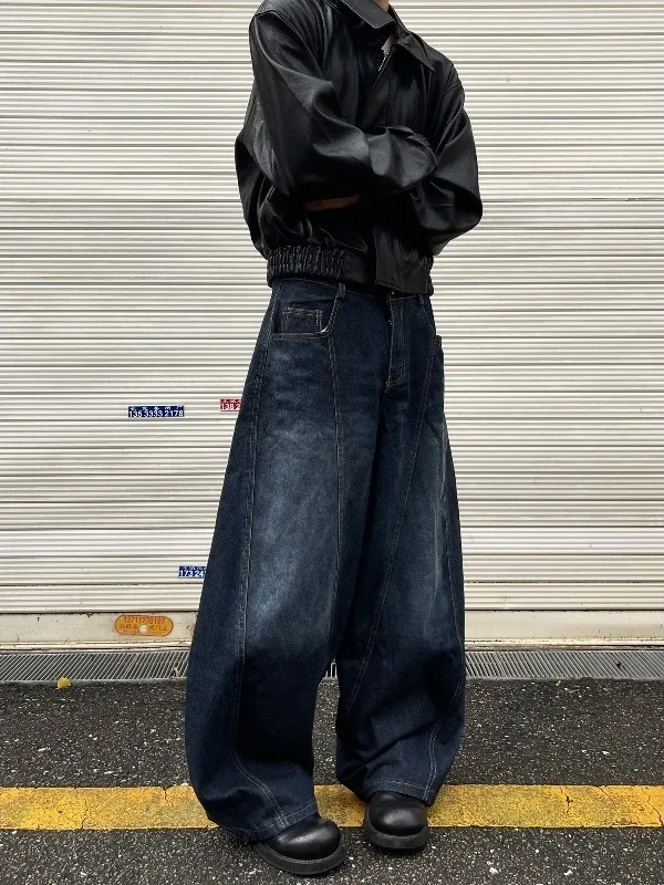 

American Retro Vintage Deep Blue Knife Jeans Men Women Spring Autumn Washed Loose Wide Leg Trendy Casual Denim Pants