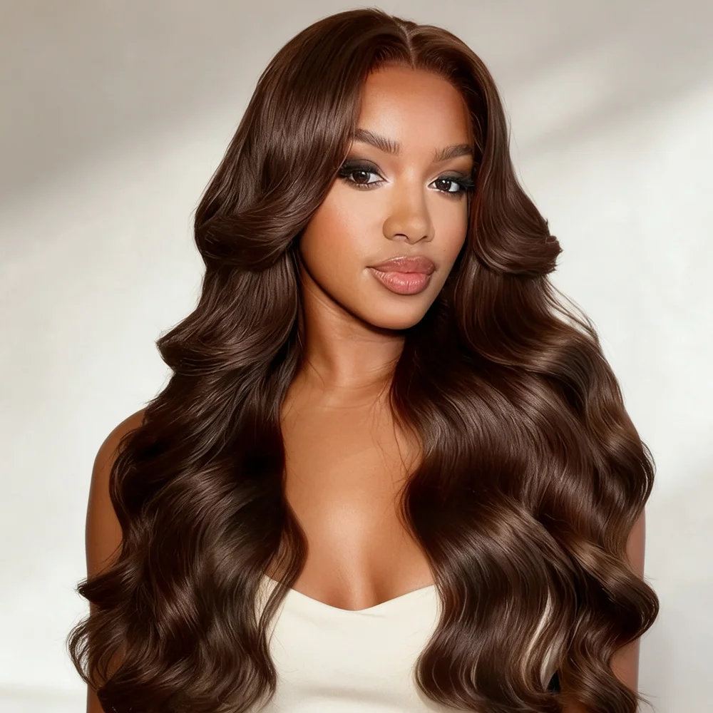 #4 Chocolate Brown Body Wave Human Hair Wigs For Women Natural Hairline 13x4 HD Lace Frontal Human Hair Wigs Pre Plucked with Baby Hair
